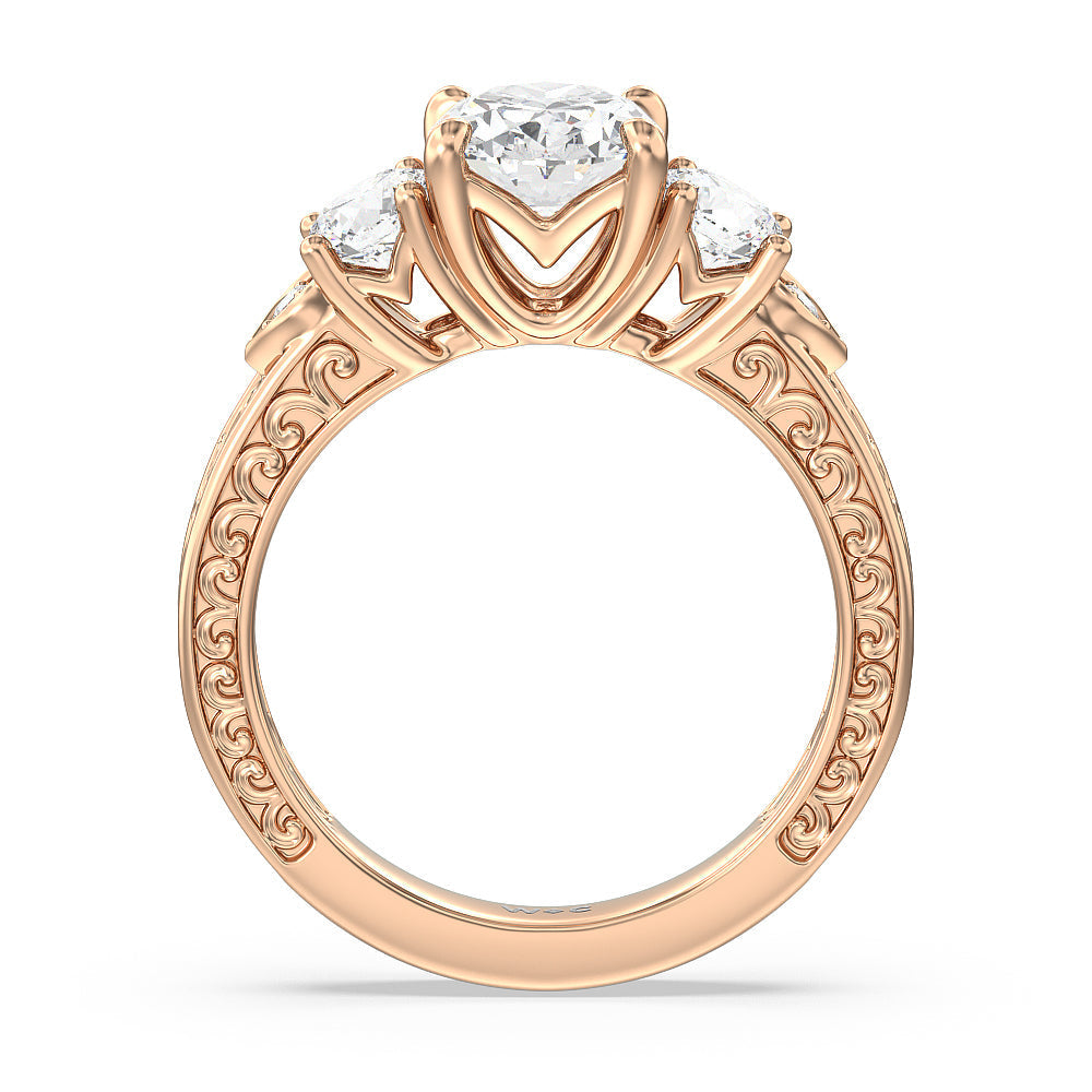 Oval Cut Vintage Carved Tulip Three Stone Engagement Ring (E+ VVS+) with Lab Grown Diamond in 14KT Rose Gold view 2
