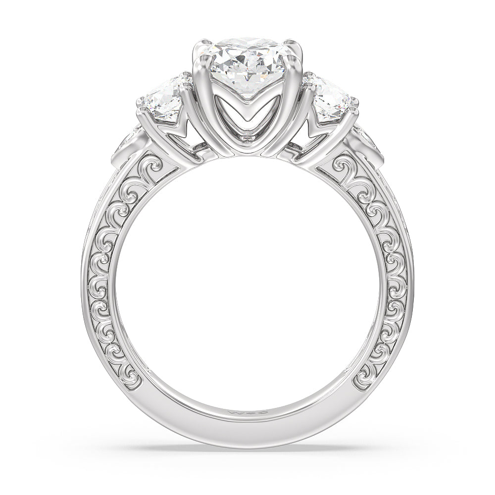 Oval Cut Vintage Carved Tulip Three Stone Engagement Ring (E+ VVS+) with Lab Grown Diamond in 14KT Platinum view 2

