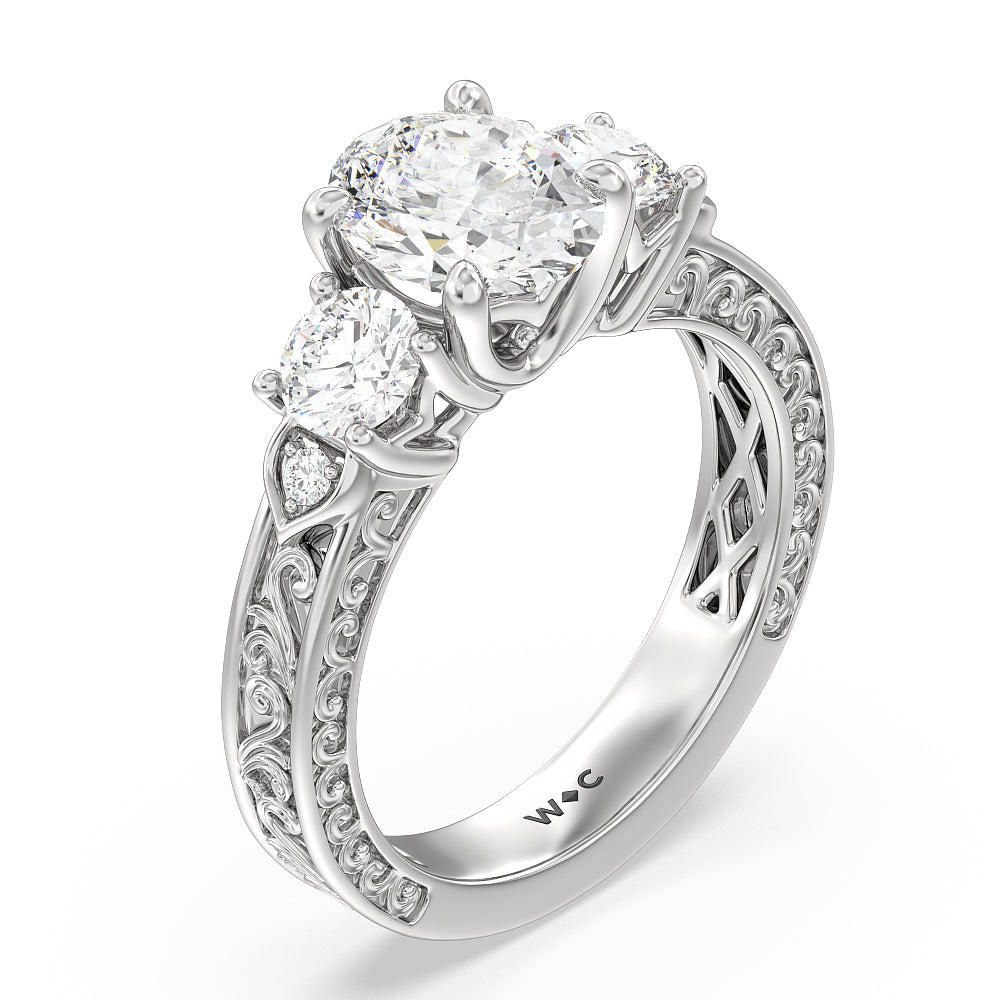Oval Cut Vintage Carved Tulip Three Stone Engagement Ring (E+ VVS+) with Lab Grown Diamond in 14KT Platinum view 3
