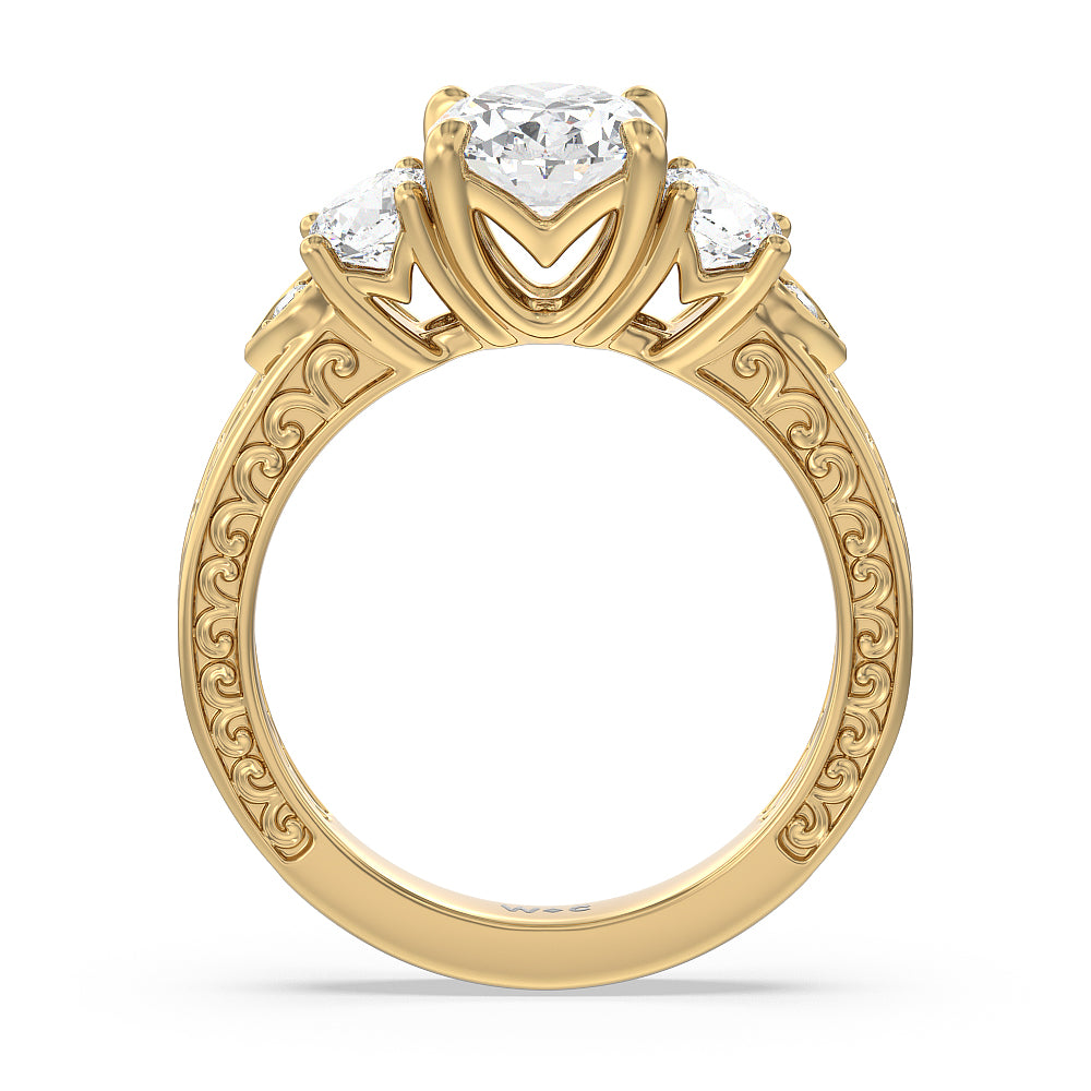 Oval Cut Vintage Carved Tulip Three Stone Engagement Ring (E+ VVS+) with Lab Grown Diamond in 14KT Yellow Gold view 2
