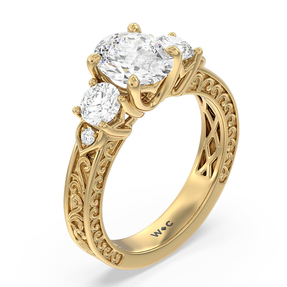 Oval Cut Vintage Carved Tulip Three Stone Engagement Ring (E+ VVS+) with Lab Grown Diamond in 14KT Yellow Gold view 3
