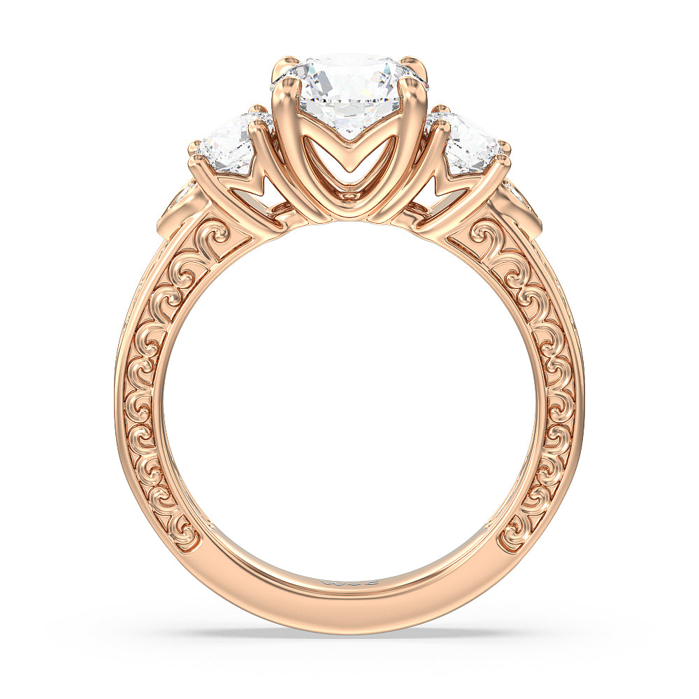 Round Cut Vintage Carved Tulip Three Stone Engagement Ring (E+ VVS+) with Lab Grown Diamond in 14KT Rose Gold view 2

