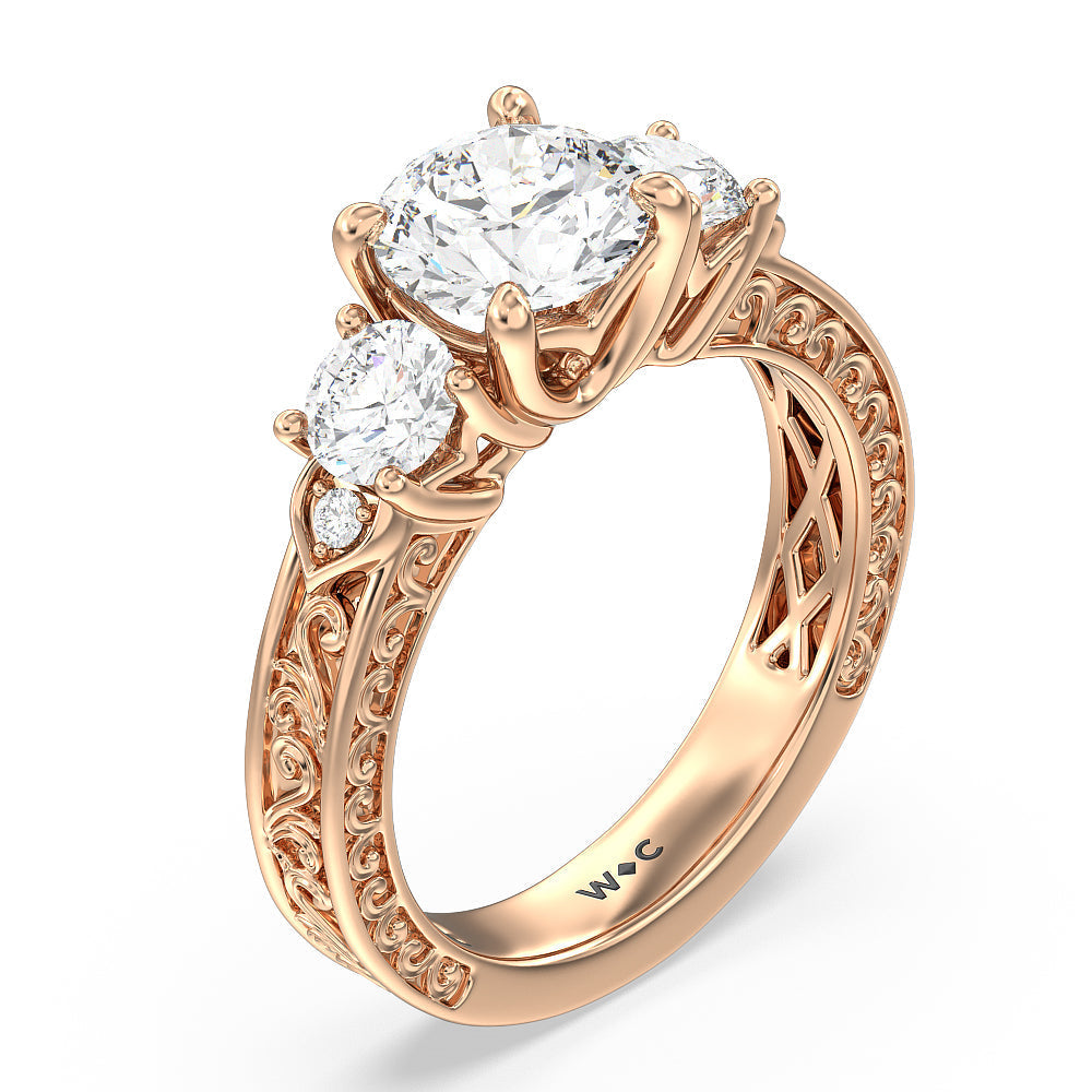 Round Cut Vintage Carved Tulip Three Stone Engagement Ring (E+ VVS+) with Lab Grown Diamond in 14KT Rose Gold view 3
