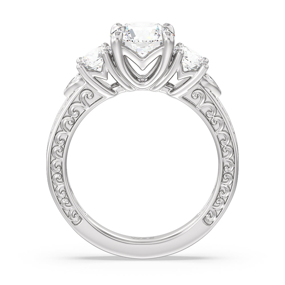Round Cut Vintage Carved Tulip Three Stone Engagement Ring (E+ VVS+) with Lab Grown Diamond in 14KT Platinum view 2
