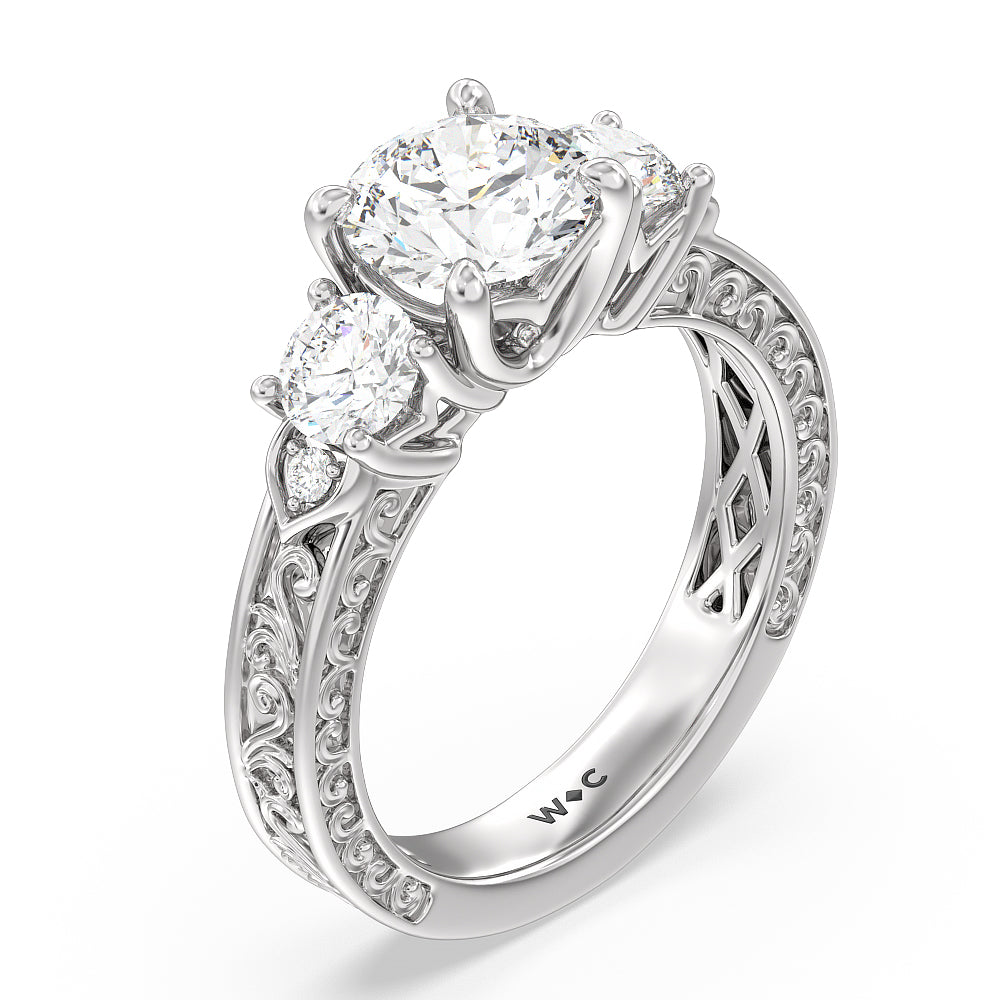 Cushion Cut Vintage Carved Tulip Three Stone Engagement Ring (E+ VVS+) with Lab Grown Diamond in 14KT Platinum view 3
