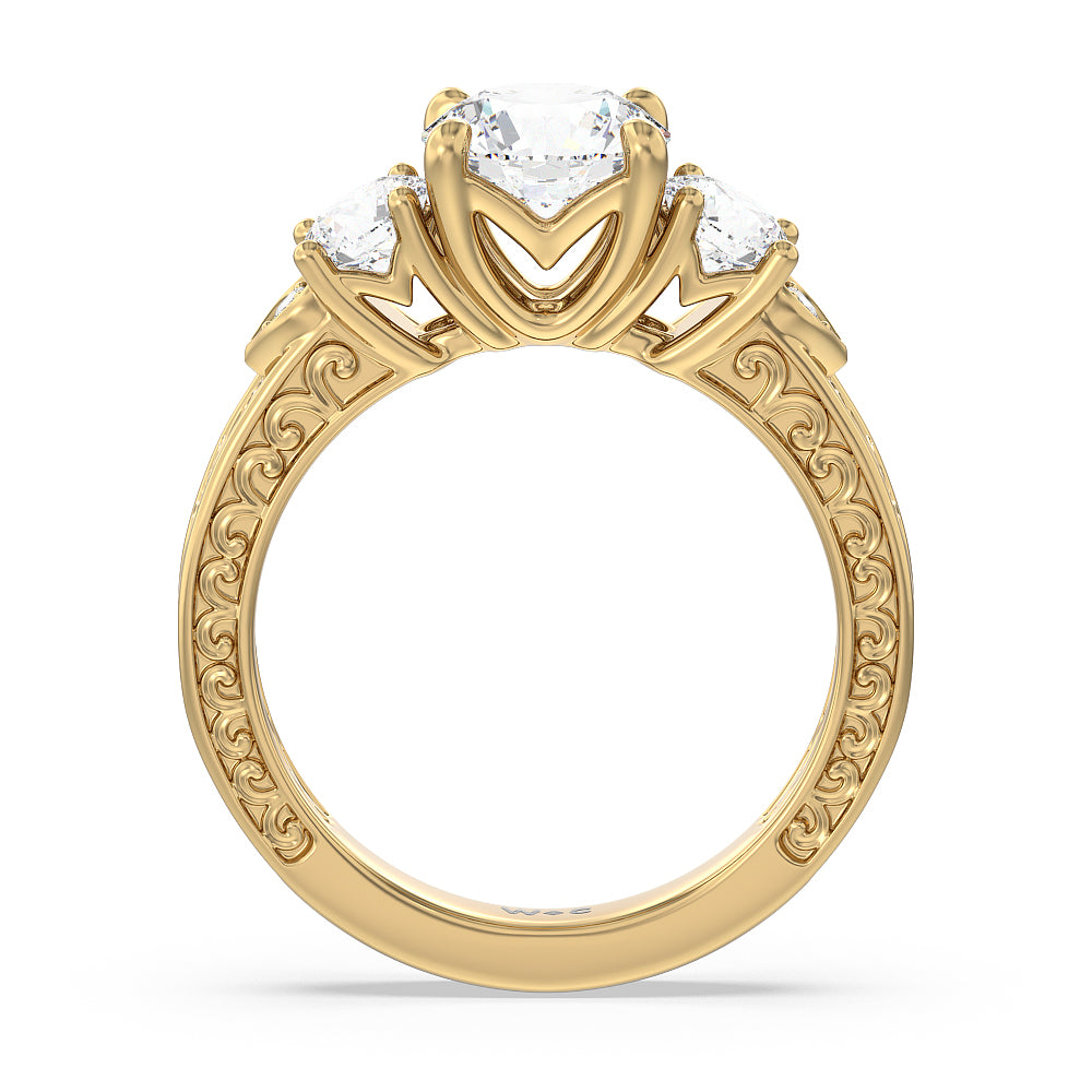 Round Cut Vintage Carved Tulip Three Stone Engagement Ring (E+ VVS+) with Lab Grown Diamond in 14KT Yellow Gold view 2
