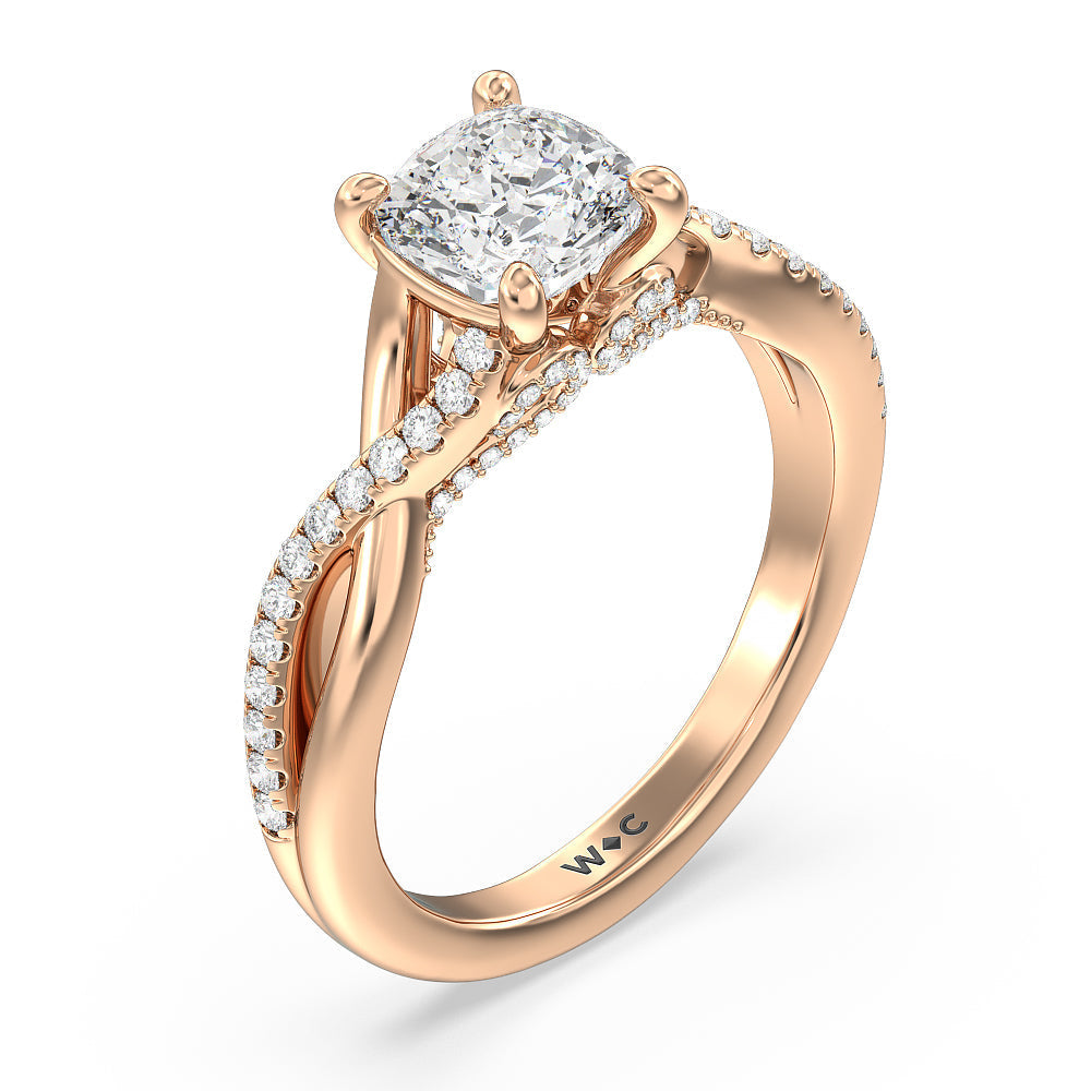 Fine Glamour Ribbon Swirl Engagement Ring with Cushion Cut Diamond in 14KT Rose Gold view 3
