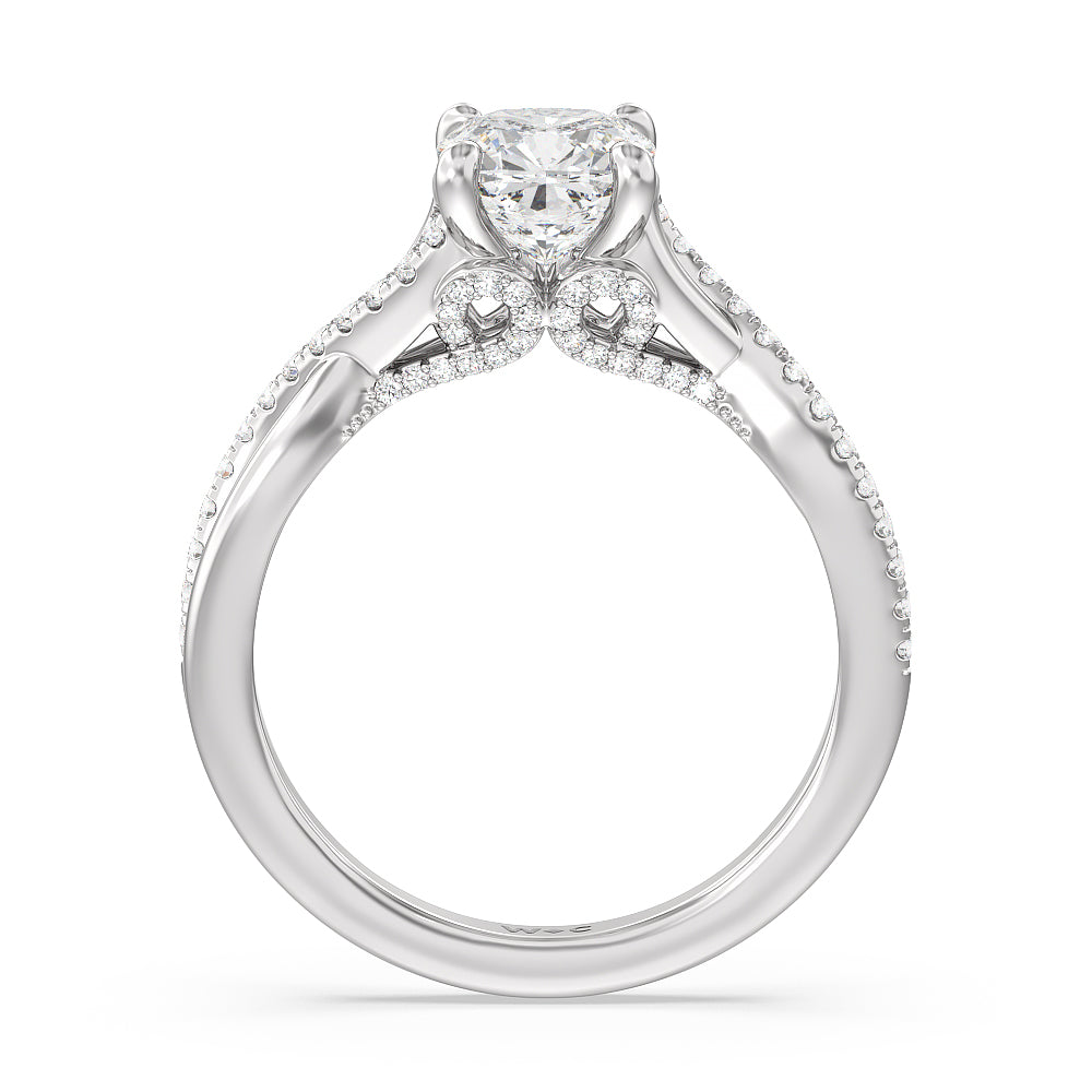 Fine Glamour Ribbon Swirl Engagement Ring with Cushion Cut Diamond in 14KT Platinum view 2
