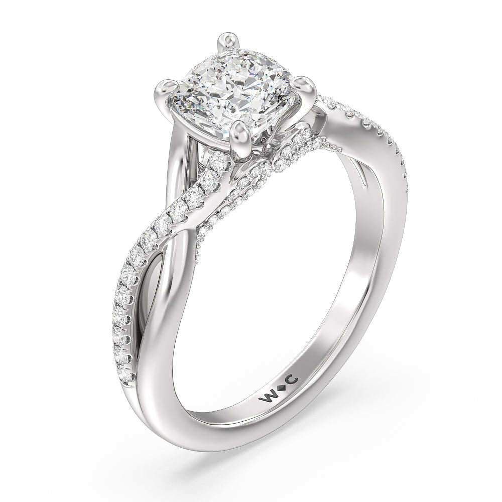Fine Glamour Ribbon Swirl Engagement Ring with Cushion Cut Diamond in 14KT Platinum view 3
