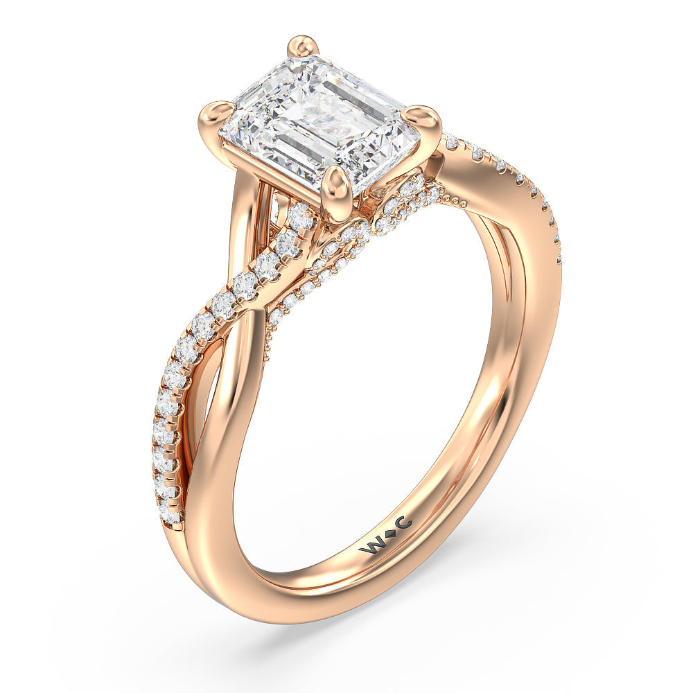 Fine Glamour Ribbon Swirl Engagement Ring with Emerald Cut Diamond in 14KT Rose Gold view 3
