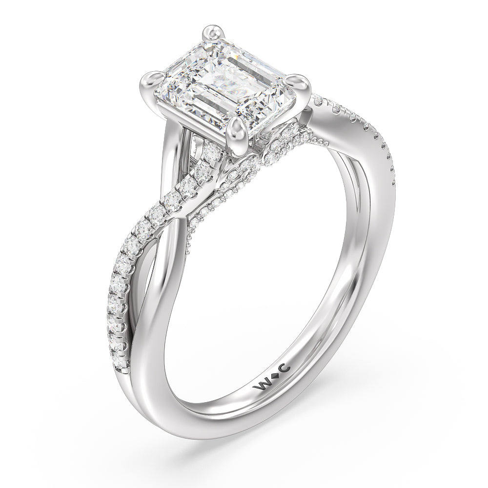 Fine Glamour Ribbon Swirl Engagement Ring with Emerald Cut Diamond in 14KT Platinum view 3
