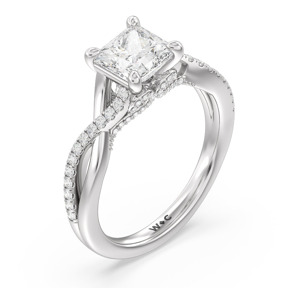 Fine Glamour Ribbon Swirl Engagement Ring with Princess Cut Diamond in 14KT Platinum view 3
