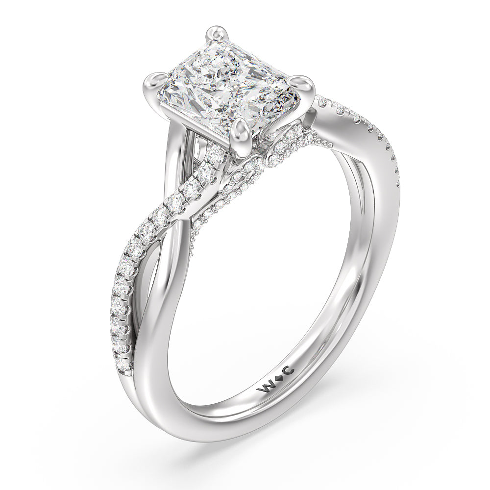 Fine Glamour Ribbon Swirl Engagement Ring with Radiant Cut Diamond in 14KT Platinum view 3

