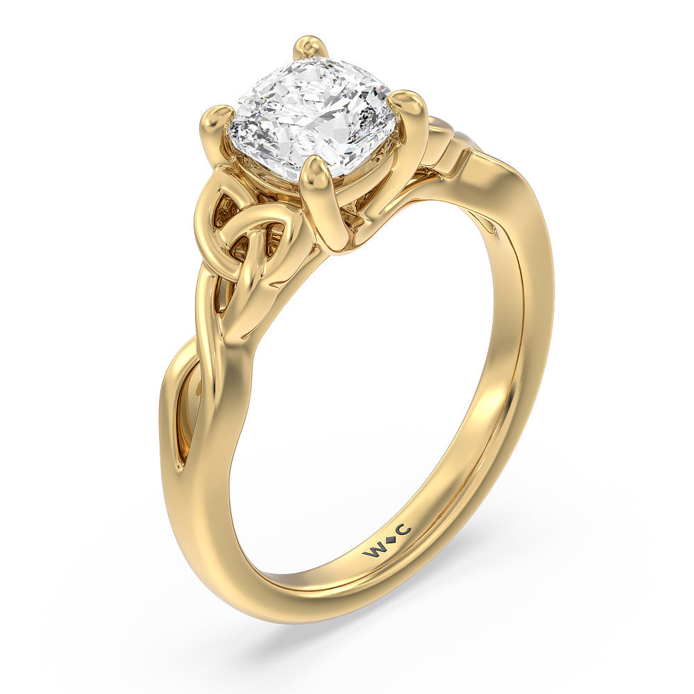 Fine Vintage Celtic Entwined Trinity Knot Engagement Ring with Cushion Cut Diamond in 14KT Yellow Gold view 3
