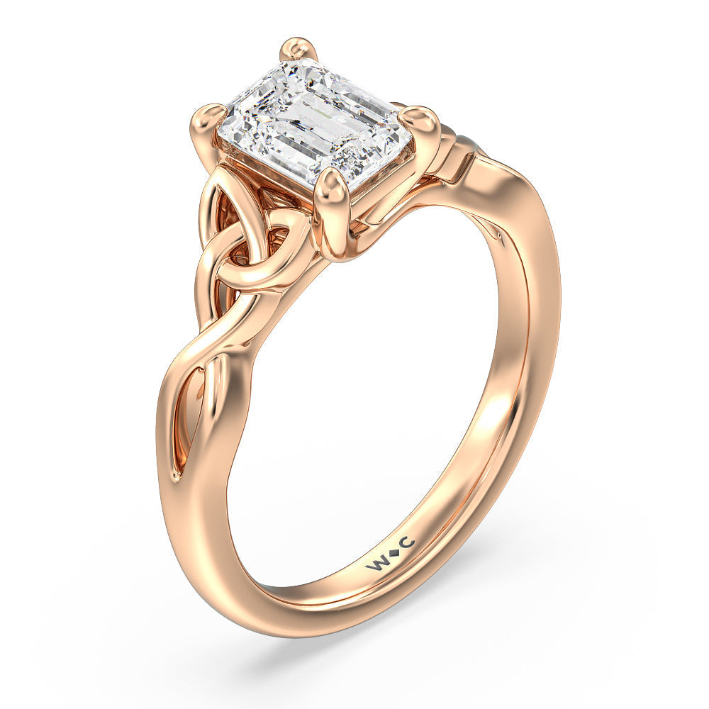 Fine Vintage Celtic Entwined Trinity Knot Engagement Ring with Emerald Cut Diamond in 14KT Rose Gold view 3
