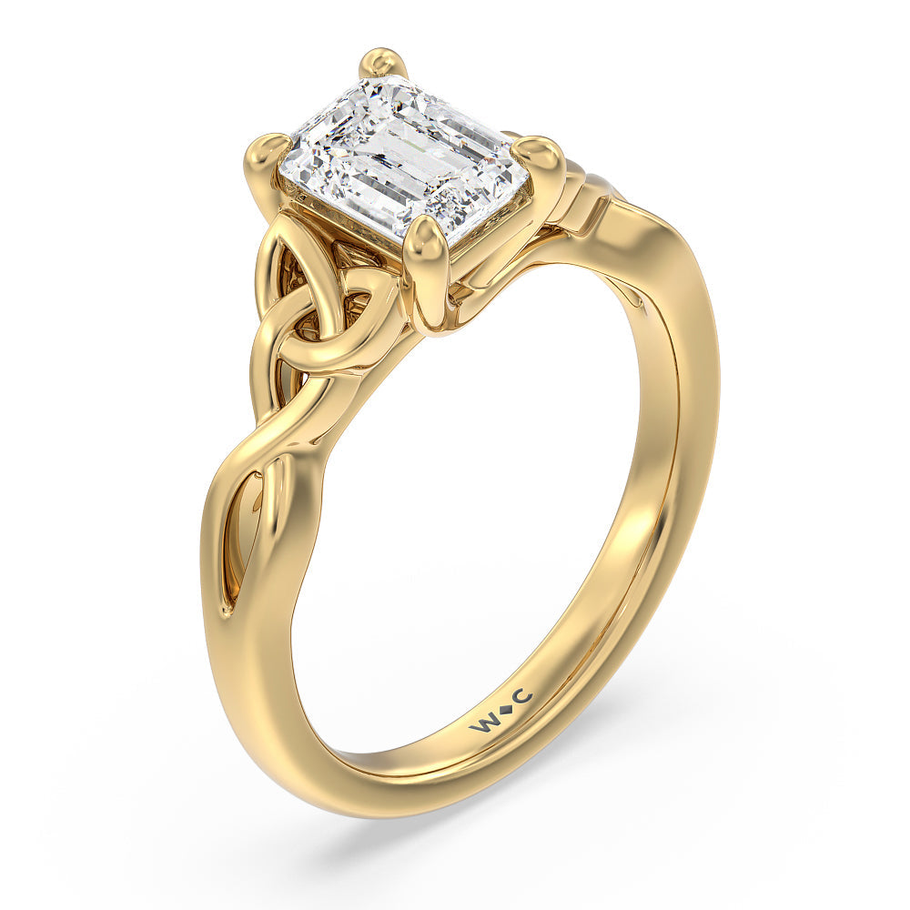 Fine Vintage Celtic Entwined Trinity Knot Engagement Ring with Emerald Cut Diamond in 14KT Yellow Gold view 3
