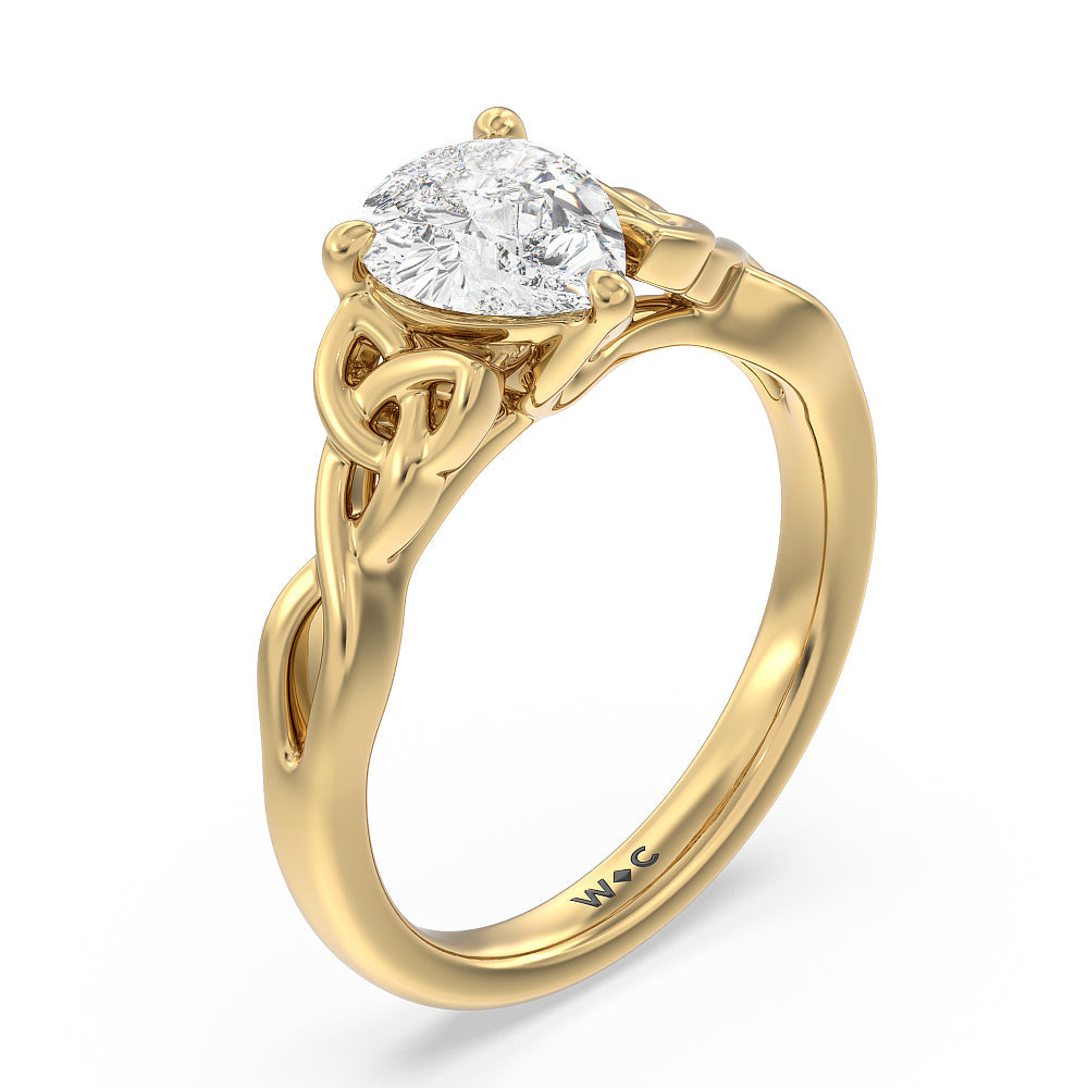 Fine Vintage Celtic Entwined Trinity Knot Engagement Ring with Pear Cut Diamond in 14KT Yellow Gold view 3
