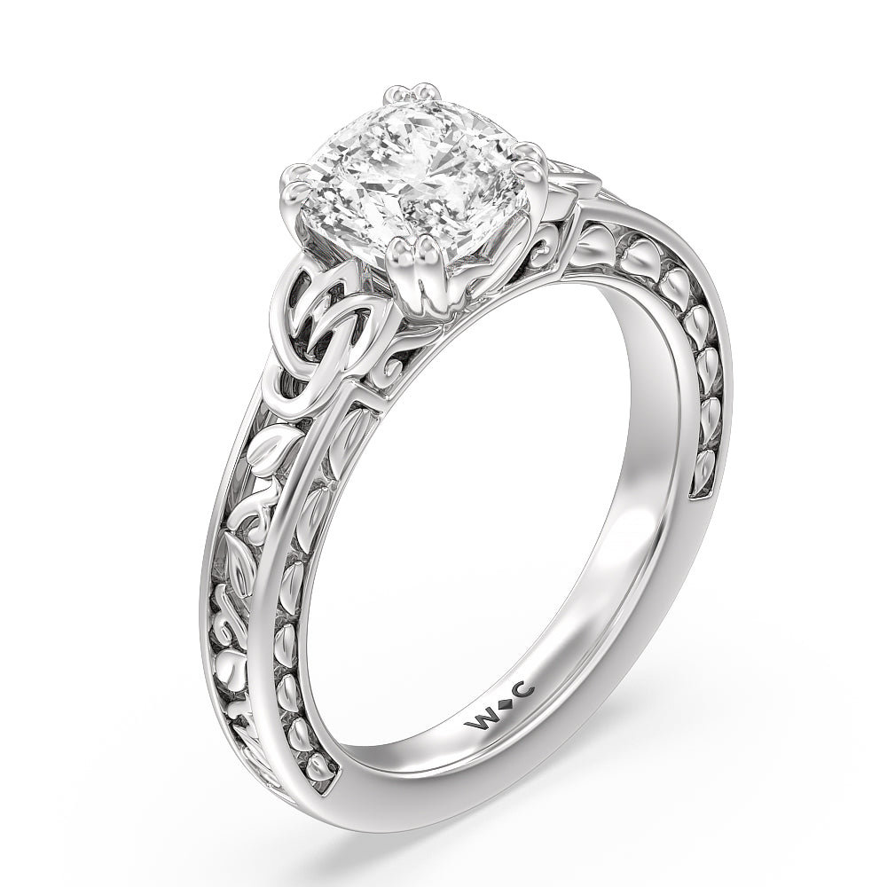 Cushion Cut Vintage Celtic Engraved Engagement Ring (E+ VVS+) with Lab Grown Diamond in 14KT Platinum view 3
