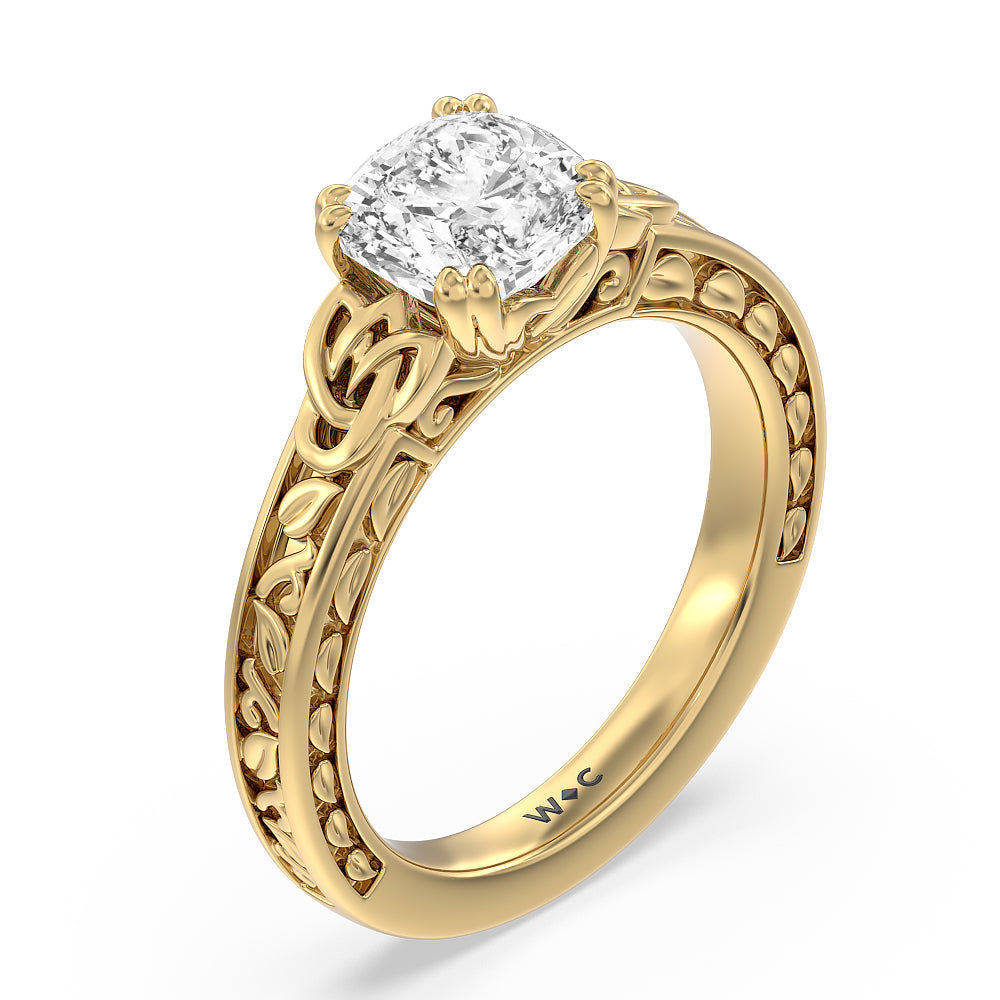 Cushion Cut Vintage Celtic Engraved Engagement Ring (E+ VVS+) with Lab Grown Diamond in 14KT Yellow Gold view 3
