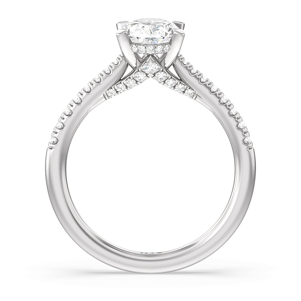 2.20ct Oval Tapered Pave Diamond Hidden Halo Engagement Ring with 2 1/2 Cut Diamond in 14KT Oval view 2
