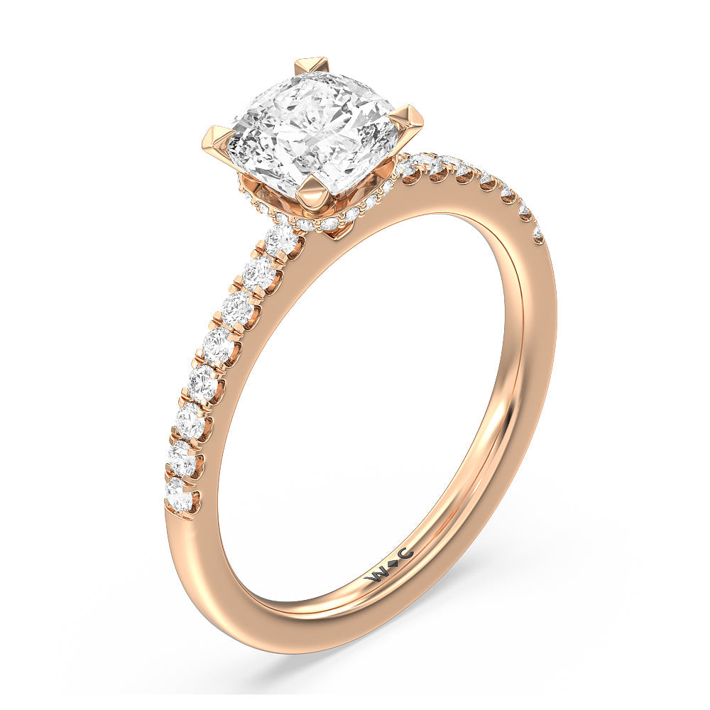 Fine Petite Pave Hidden Halo Engagement Ring with Cushion Cut Diamond in 14KT Rose Gold view 3
