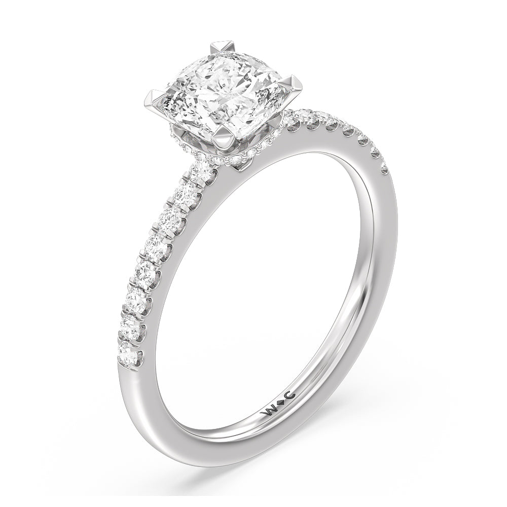 Fine Petite Pave Hidden Halo Engagement Ring with Cushion Cut Diamond in 14KT Platinum view 3

