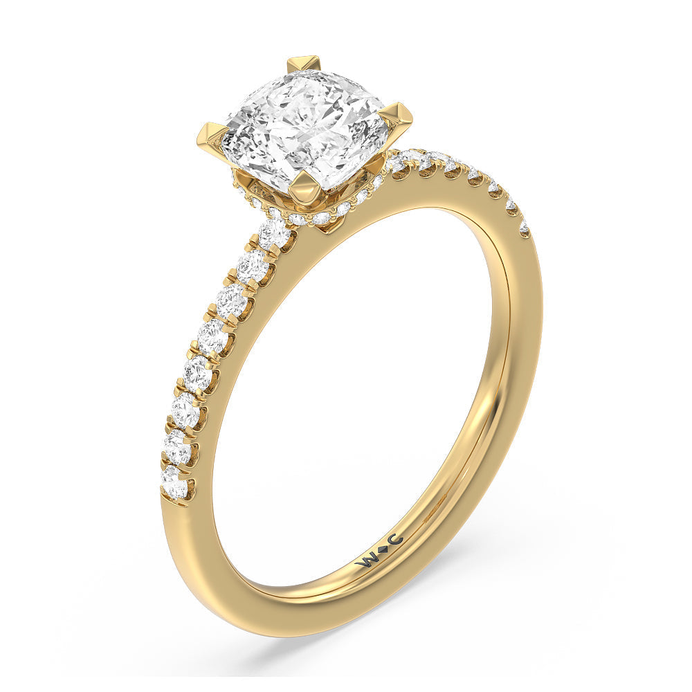 Fine Petite Pave Hidden Halo Engagement Ring with Cushion Cut Diamond in 14KT Yellow Gold view 3
