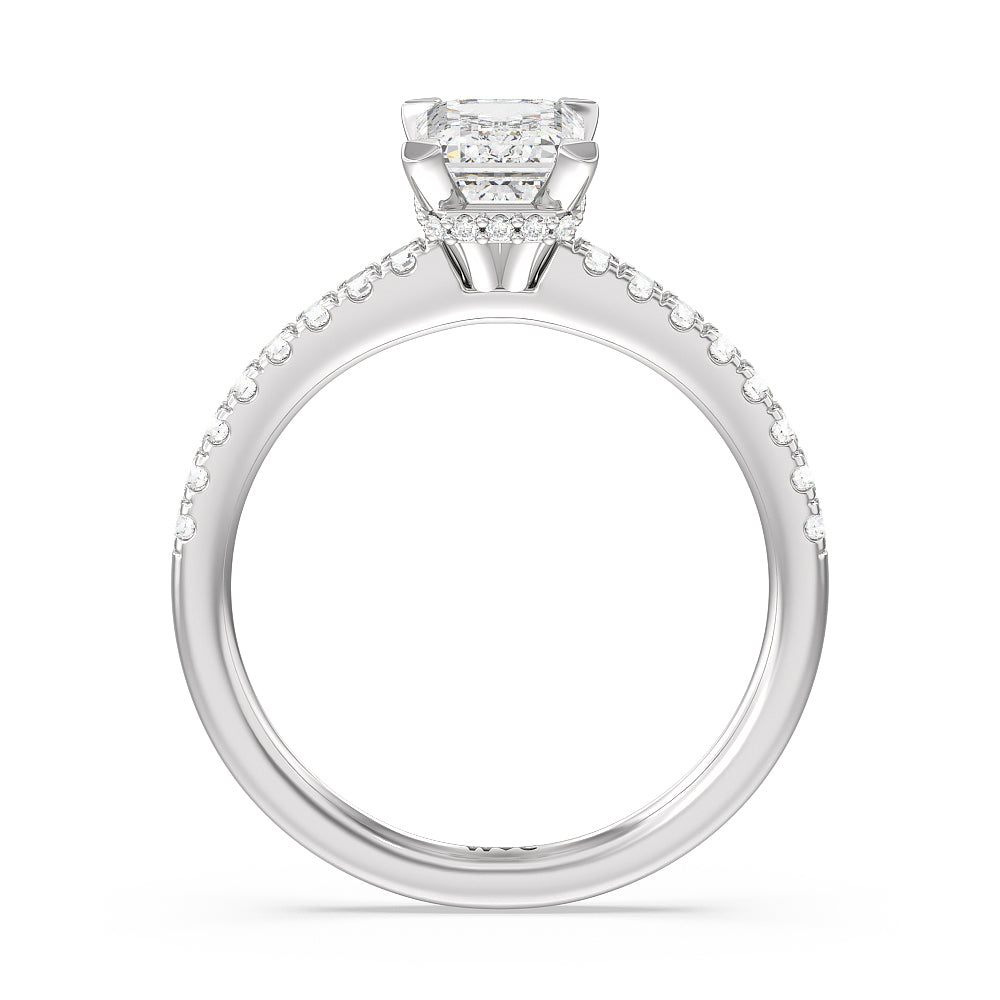 Fine Petite Pave Hidden Halo Engagement Ring with Emerald Cut Diamond in 14KT Platinum view 2
