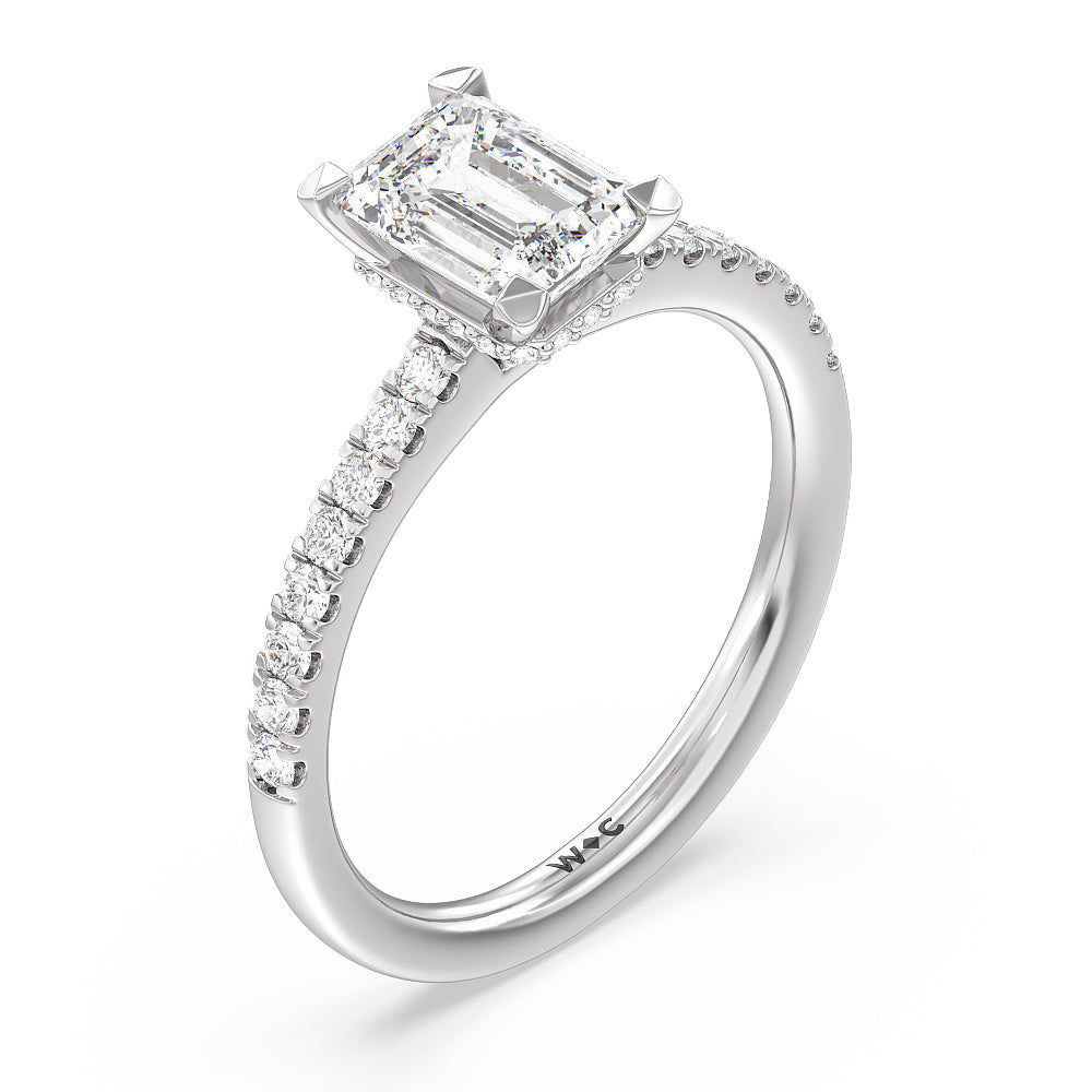 Fine Petite Pave Hidden Halo Engagement Ring with Emerald Cut Diamond in 14KT Platinum view 3
