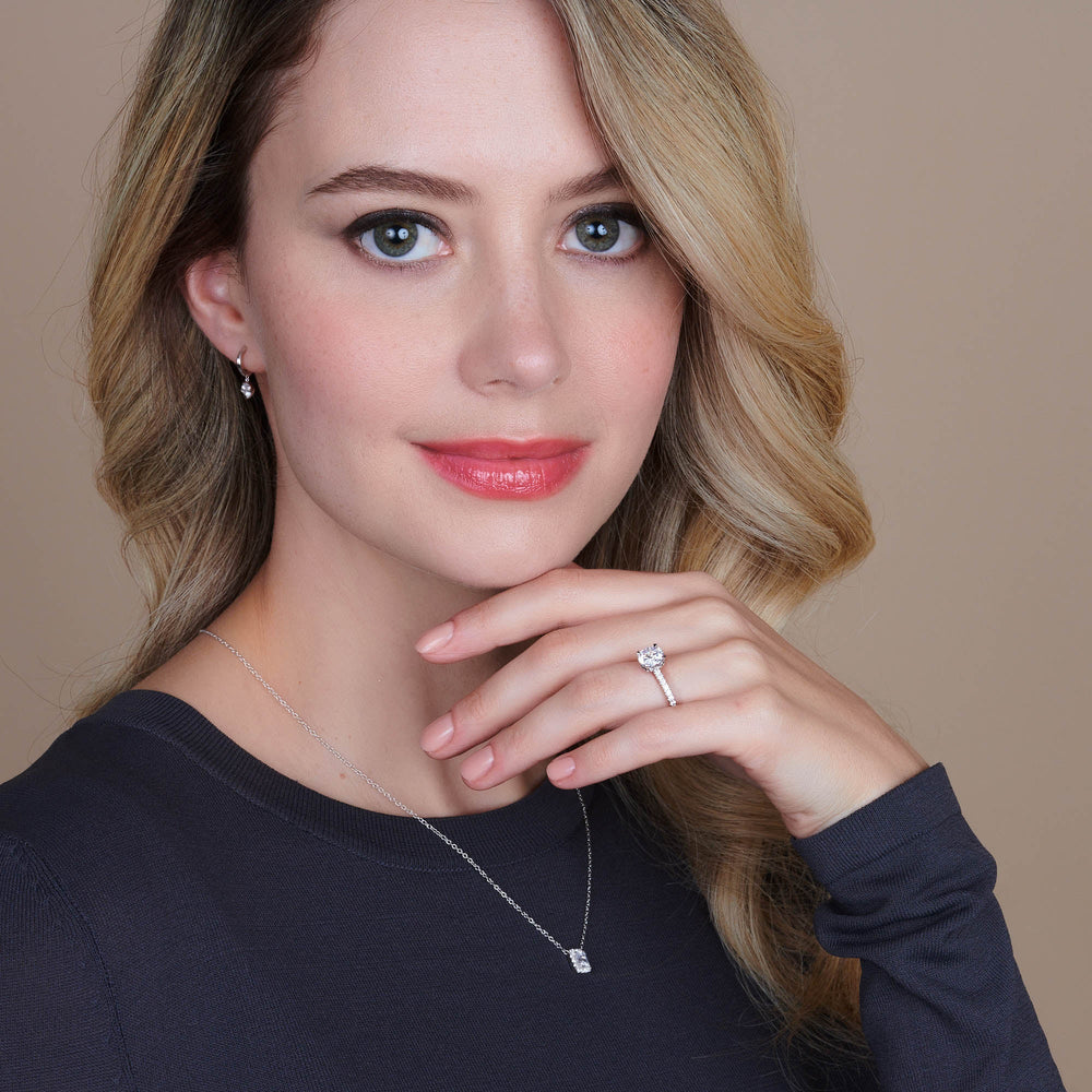 Model Wearing Fine Petite Pave Hidden Halo Engagement Ring view