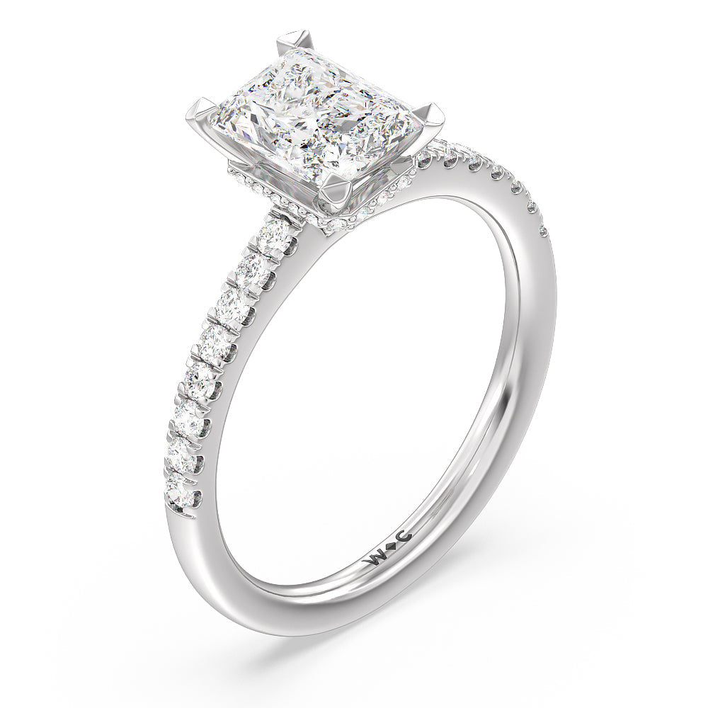 Fine Petite Pave Hidden Halo Engagement Ring with Radiant Cut Diamond in 14KT Platinum view 3

