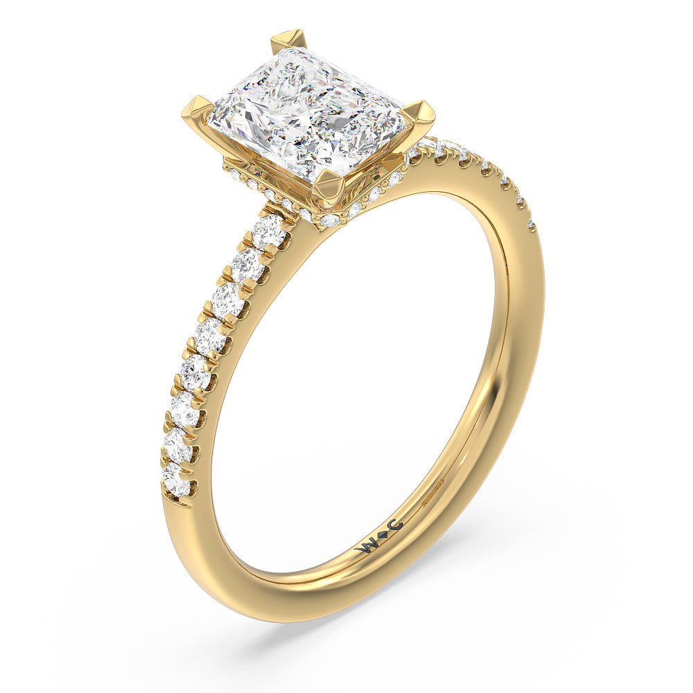 Fine Petite Pave Hidden Halo Engagement Ring with Radiant Cut Diamond in 14KT Yellow Gold view 3
