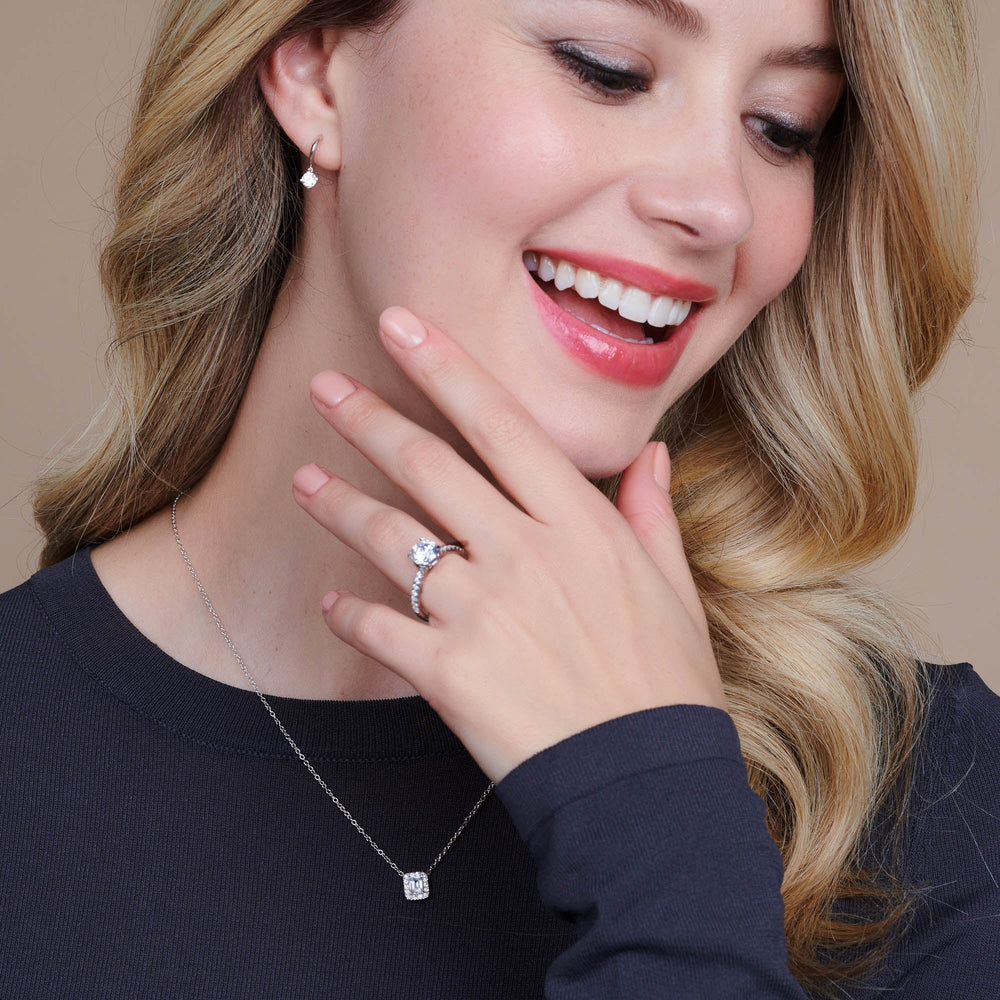 Model Wearing Fine Petite Pave Hidden Halo Engagement Ring view