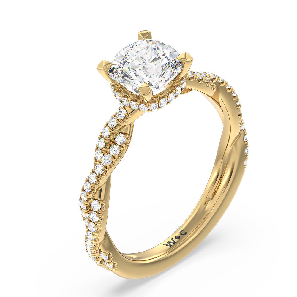 Cushion Cut Twisted Shank Hidden Halo Engagement Ring (E+ VVS+) with Lab Grown Diamond in 14KT Yellow Gold view 3
