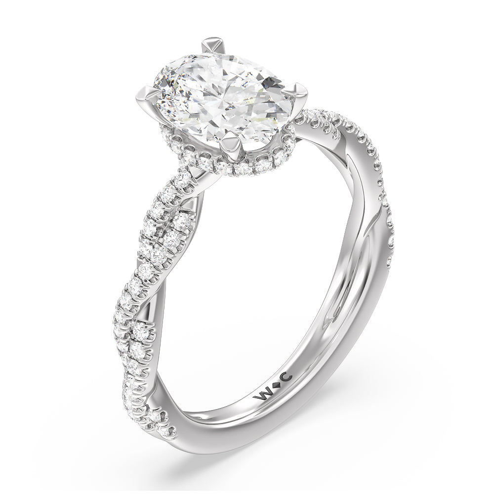 Oval Cut Twisted Shank Hidden Halo Engagement Ring (E+ VVS+) with Lab Grown Diamond in 14KT Platinum view 3
