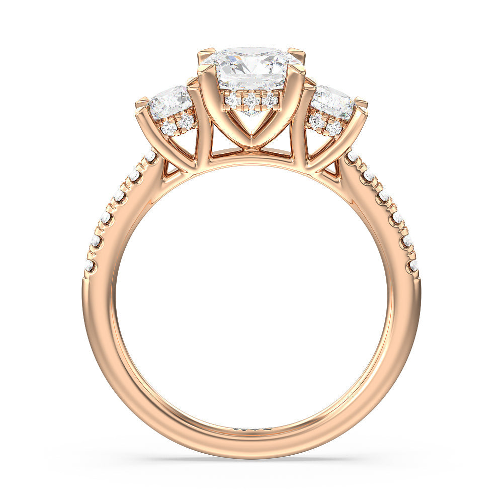 Cushion Cut Three Stone Hidden Halo Cathedral Engagement Ring (E+ VVS+) with Lab Grown Diamond in 14KT Rose Gold view 2
