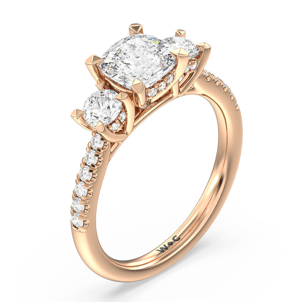 Cushion Cut Three Stone Hidden Halo Cathedral Engagement Ring (E+ VVS+) with Lab Grown Diamond in 14KT Rose Gold view 3
