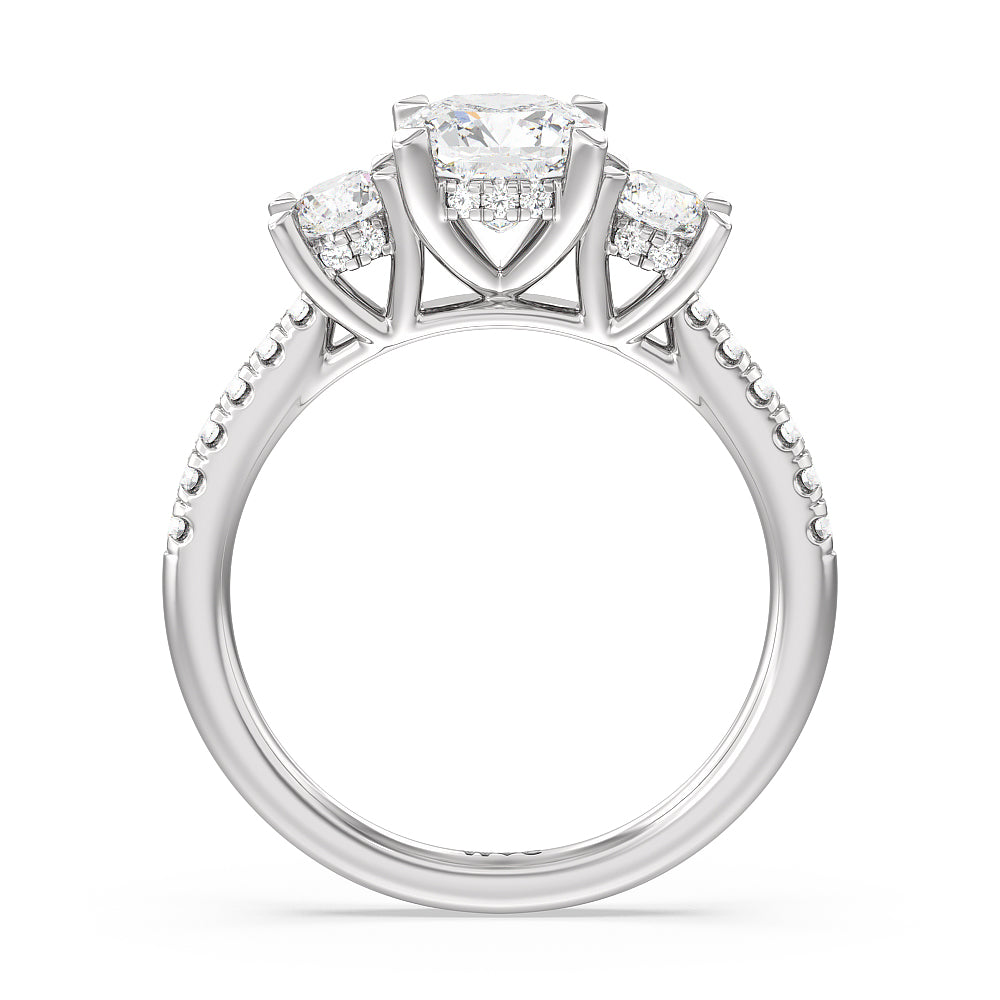 Cushion Cut Three Stone Hidden Halo Cathedral Engagement Ring (E+ VVS+) with Lab Grown Diamond in 14KT Platinum view 2
