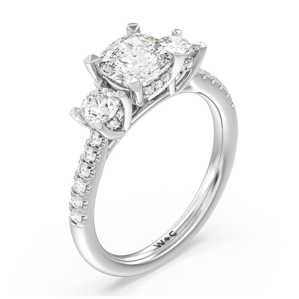 Cushion Cut Three Stone Hidden Halo Cathedral Engagement Ring (E+ VVS+) with Lab Grown Diamond in 14KT Platinum view 3
