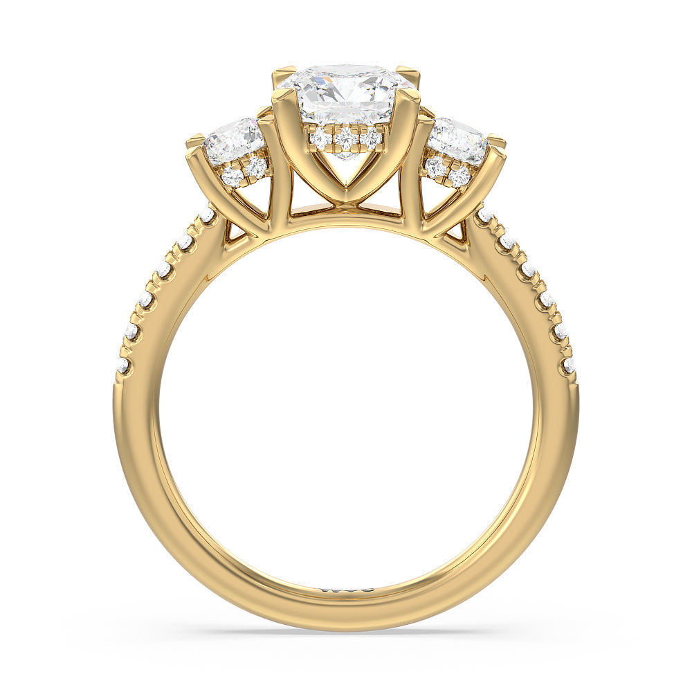 Cushion Cut Three Stone Hidden Halo Cathedral Engagement Ring (E+ VVS+) with Lab Grown Diamond in 14KT Yellow Gold view 2
