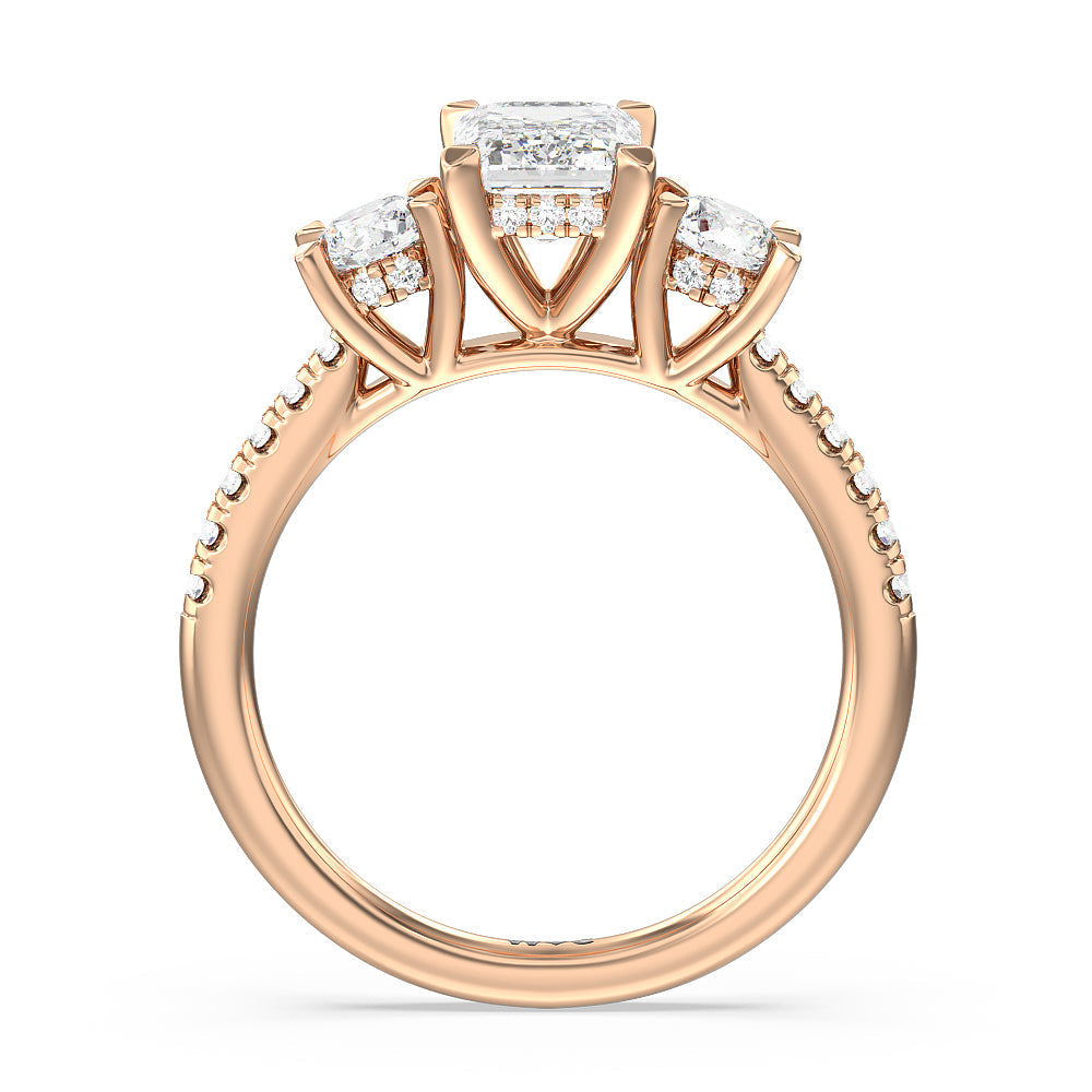 Emerald Cut Three Stone Hidden Halo Cathedral Engagement Ring (E+ VVS+) with Lab Grown Diamond in 14KT Rose Gold view 2
