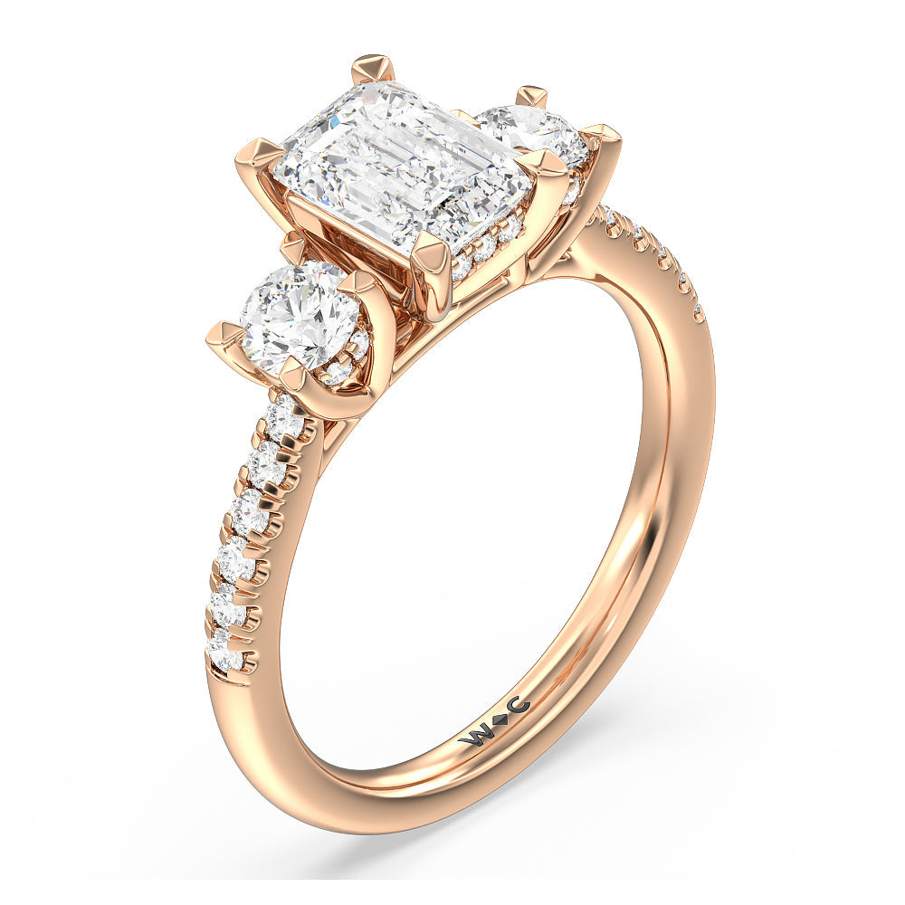 Emerald Cut Three Stone Hidden Halo Cathedral Engagement Ring (E+ VVS+) with Lab Grown Diamond in 14KT Rose Gold view 3
