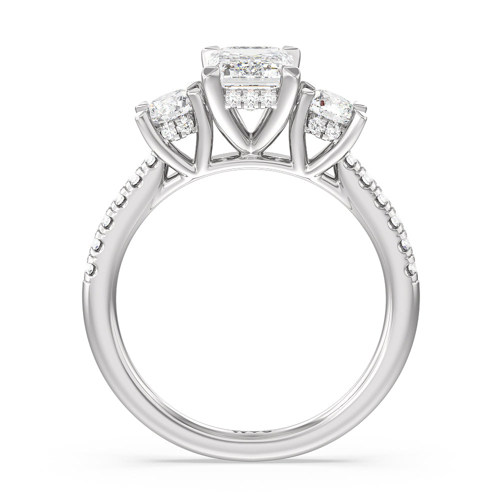 Emerald Cut Three Stone Hidden Halo Cathedral Engagement Ring (E+ VVS+) with Lab Grown Diamond in 14KT Platinum view 2
