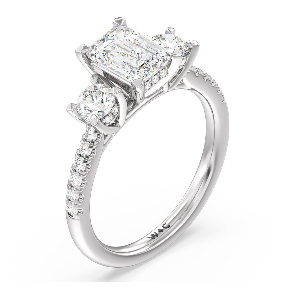 Emerald Cut Three Stone Hidden Halo Cathedral Engagement Ring (E+ VVS+) with Lab Grown Diamond in 14KT Platinum view 3
