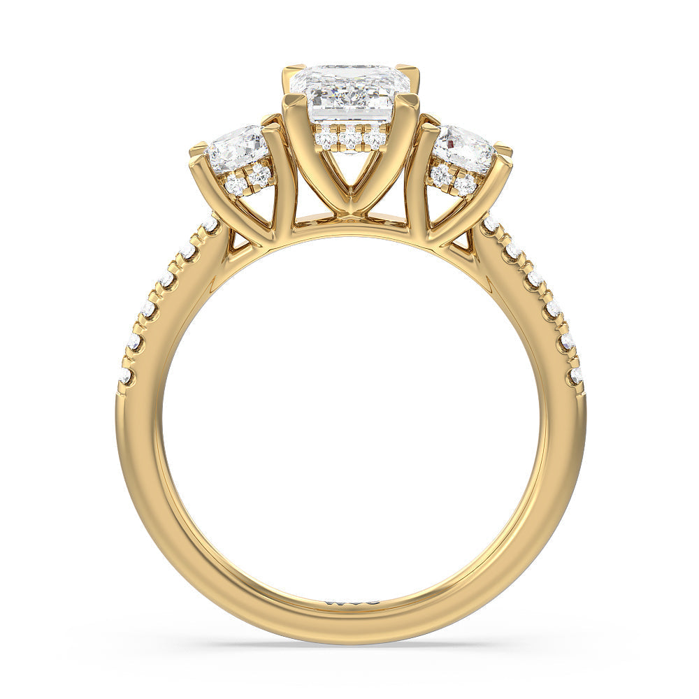 Emerald Cut Three Stone Hidden Halo Cathedral Engagement Ring (E+ VVS+) with Lab Grown Diamond in 14KT Yellow Gold view 2
