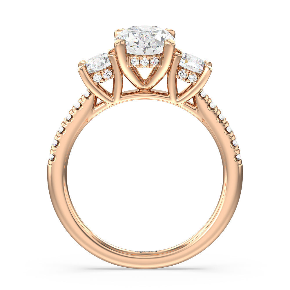 Oval Cut Three Stone Hidden Halo Cathedral Engagement Ring (E+ VVS+) with Lab Grown Diamond in 14KT Rose Gold view 2

