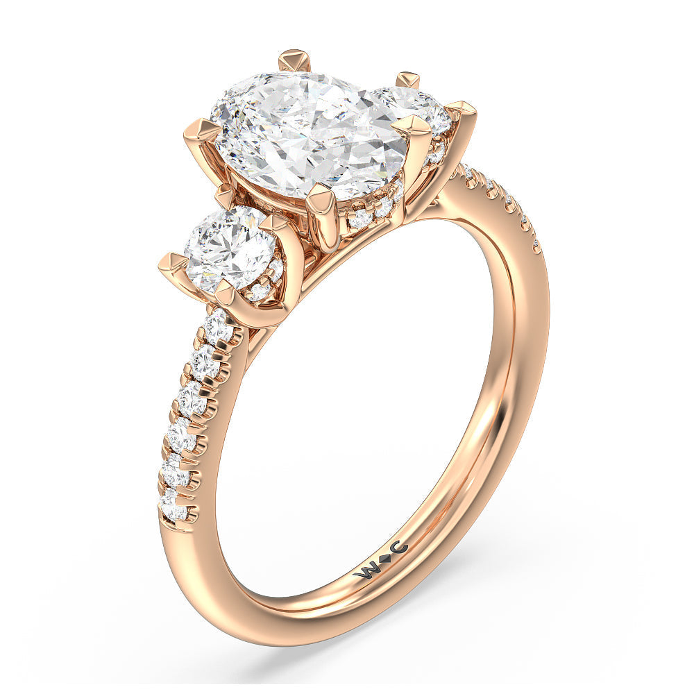 Oval Cut Three Stone Hidden Halo Cathedral Engagement Ring (E+ VVS+) with Lab Grown Diamond in 14KT Rose Gold view 3
