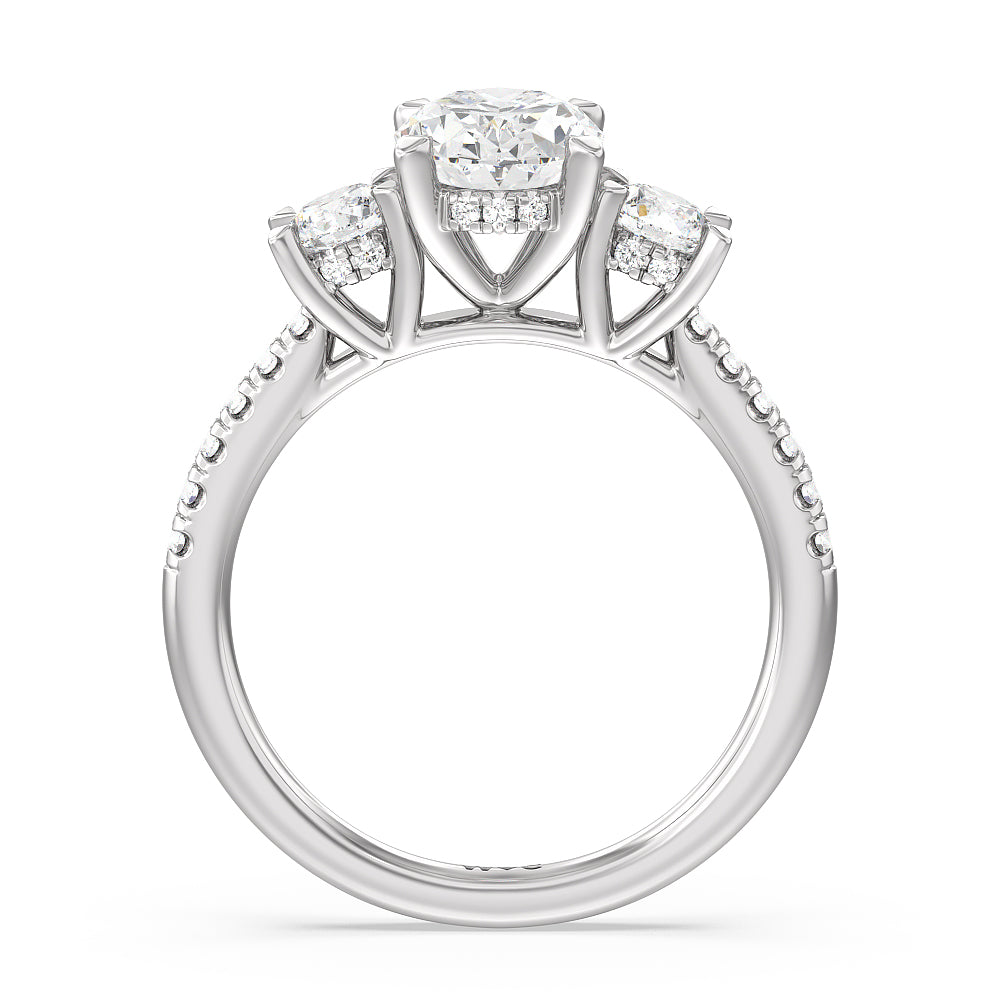 Oval Cut Three Stone Hidden Halo Cathedral Engagement Ring (E+ VVS+) with Lab Grown Diamond in 14KT Platinum view 2
