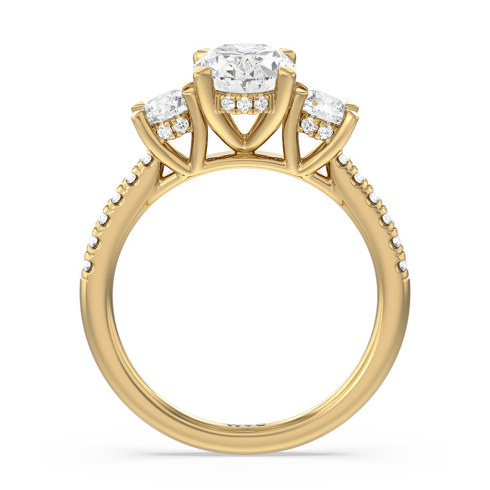 Oval Cut Three Stone Hidden Halo Cathedral Engagement Ring (E+ VVS+) with Lab Grown Diamond in 14KT Yellow Gold view 2
