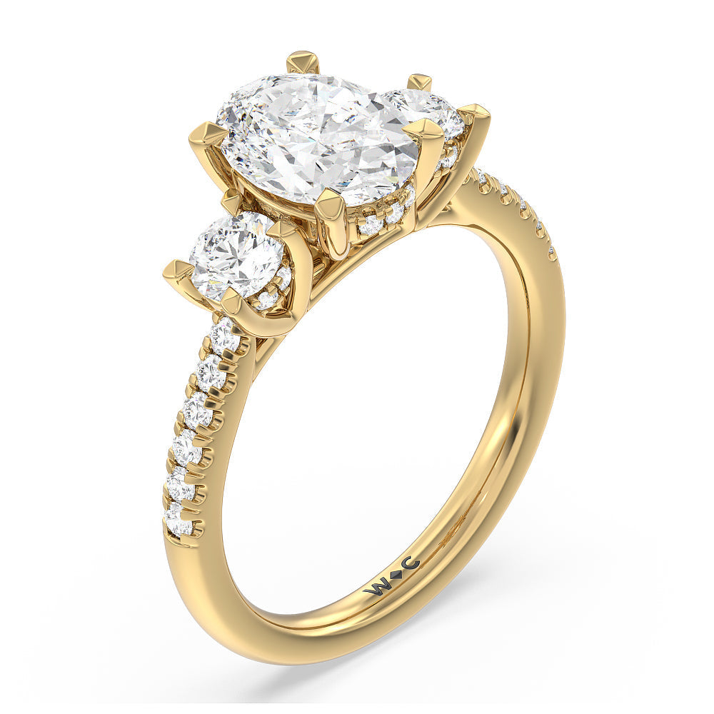 Oval Cut Three Stone Hidden Halo Cathedral Engagement Ring (E+ VVS+) with Lab Grown Diamond in 14KT Yellow Gold view 3
